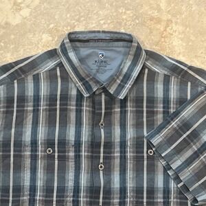 Kuhl Scorpio Shirt Mens XL Blue Plaid Linen Blend Tapered Short Sleeve Outdoor